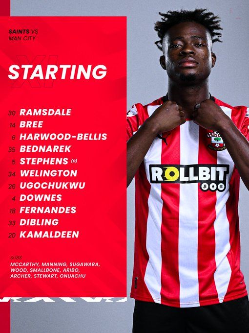 Southampton's starting XI taking on Manchester City: Ramsdale, Bree, Harwood-Bellis, Bednarek, Stephens (c), Welington, Ugochukwu, Downes, Fernandes, Dibling, Kamaldeen. SUBS: McCarthy, Manning, Sugawara, Wood, Smallbone, Aribo, Archer, Stewart, Onuachu.