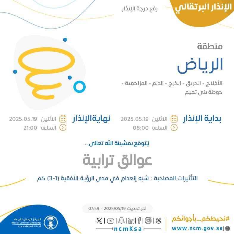 حالة الطقس اليوم في الرياض الإنذار البرتقالي في الأفلاج والحريق والخرج والدلم والمزاحمية وحوطة بني تميم