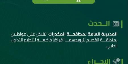 القبض على شخصين بمنطقة القصيم روّجا أقراصًا مخدرة - اخبارك الان