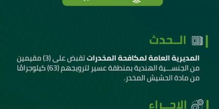 القبض على (3) مقيمين بمنطقة عسير روّجوا (63) كجم من الحشيش - اخبارك الان