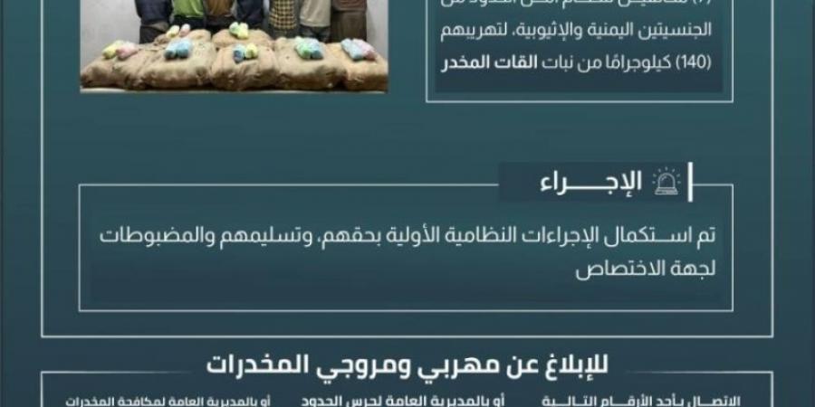 حرس الحدود بجازان يقبض على 7 مخالفين لنظام أمن الحدود لتهريبهم 140 كيلوجرامًا من نبات القات المخدر - اخبارك الان