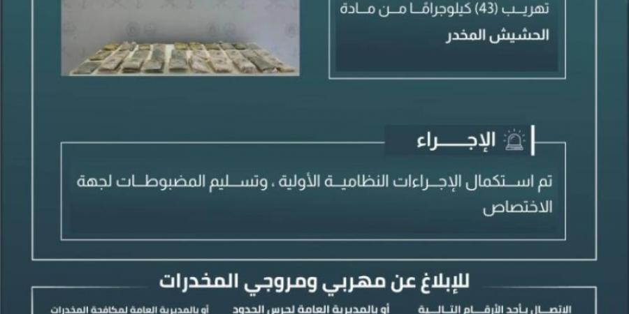 حرس الحدود بجازان يحبط تهريب 43 كيلوجرامًا من مادة الحشيش المخدر - اخبارك الان