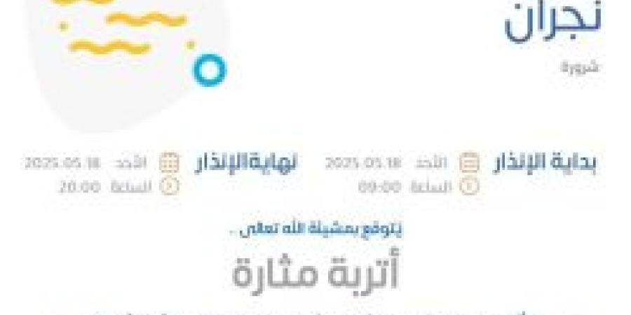 بالإنفوجرافيك .. حالة الطقس اليوم في نجران: الإنذار البرتقالي في شرورة - اخبارك الان